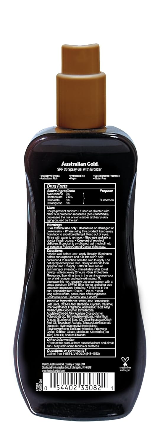 Australian Gold Spray Gel Sunscreen with Instant Bronzer SPF 30, 8 Ounce | Moisturize & Hydrate Skin | Broad Spectrum | Water Resistant | Non-Greasy | Oxybenzone Free | Cruelty Free 24Hr Smart